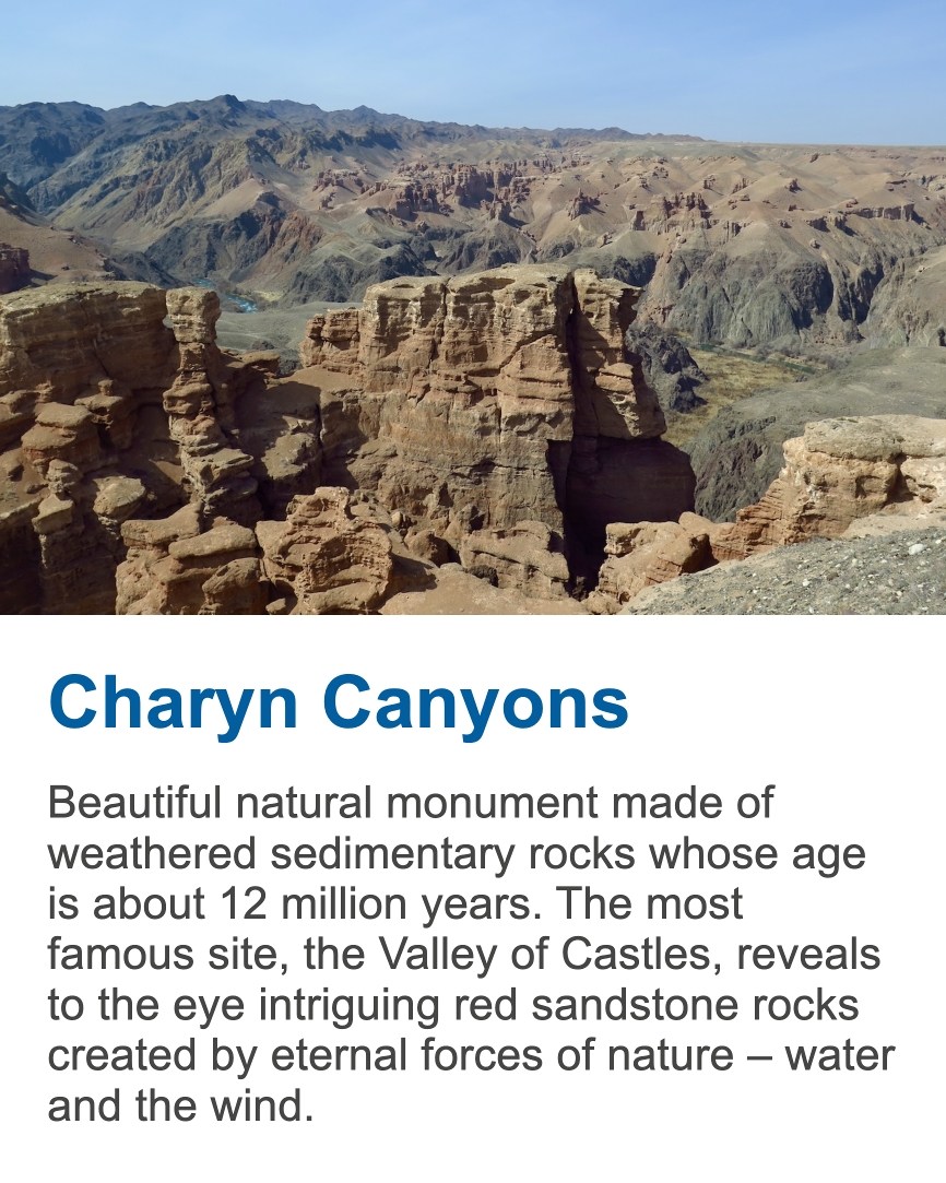 Charyn Canyons Charyn Canyon is one of the most spectacular natural landmarks in Kazakhstan, famous for the Valley of Castles and dramatic red sandstone formations