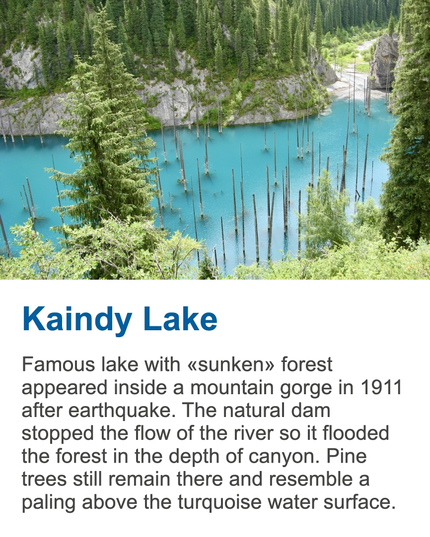 Kaindy Lake with sunken forest Kaindy Lake is a unique mountain lake formed after an earthquake, famous for its submerged forest rising from turquoise water